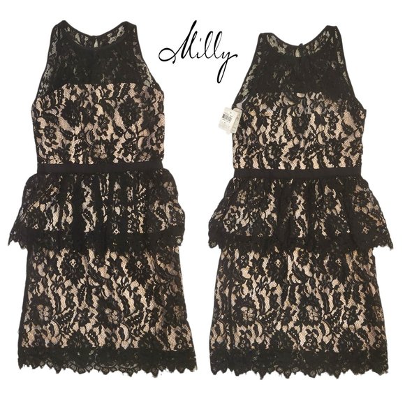 Milly of NY Black Lace Peplum Dress Fully Lined Women's Sz 4 New w/Neiman's Tag - Picture 1 of 11